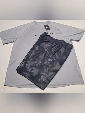 Under Armour Men's Athletic Tee & Shorts Set - Light Gray Tee, Black Shorts Set